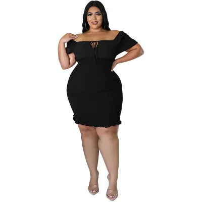 Women Fashion Sexy Solid Color Plus Size Off Shoulder Sleeveless Slim Fit Dress