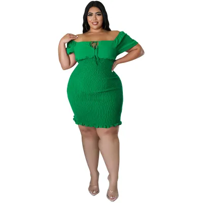 Women Fashion Sexy Solid Color Plus Size Off Shoulder Sleeveless Slim Fit Dress