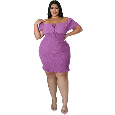 Women Fashion Sexy Solid Color Plus Size Off Shoulder Sleeveless Slim Fit Dress
