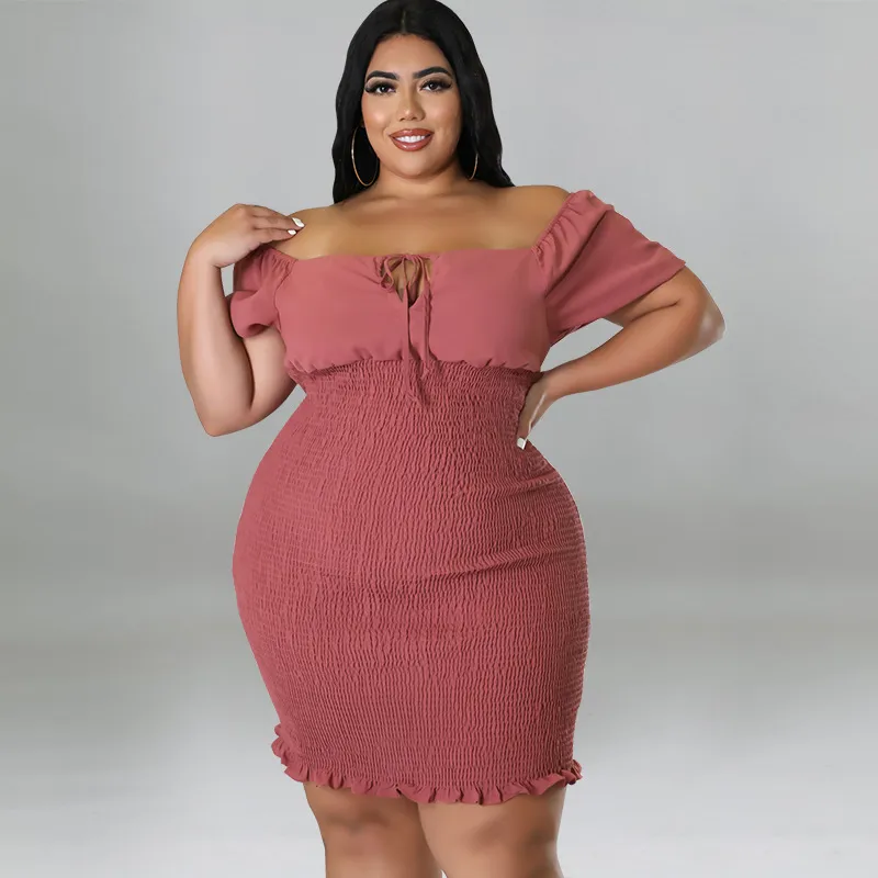 Women Fashion Sexy Solid Color Plus Size Off Shoulder Sleeveless Slim Fit Dress