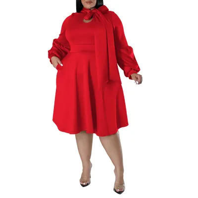 Women Fashion Casual Solid Color Plus Size Long Bubble Sleeve Lace-Up Dress