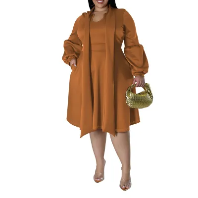 Women Fashion Casual Solid Color Plus Size Long Bubble Sleeve Lace-Up Dress