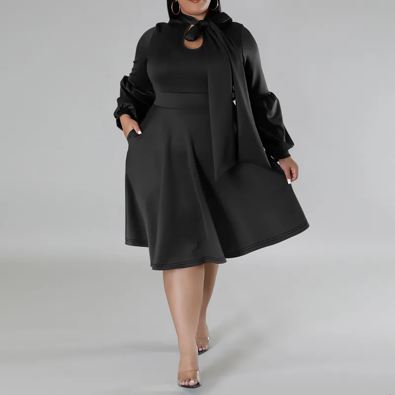 Women Fashion Casual Solid Color Plus Size Long Bubble Sleeve Lace-Up Dress