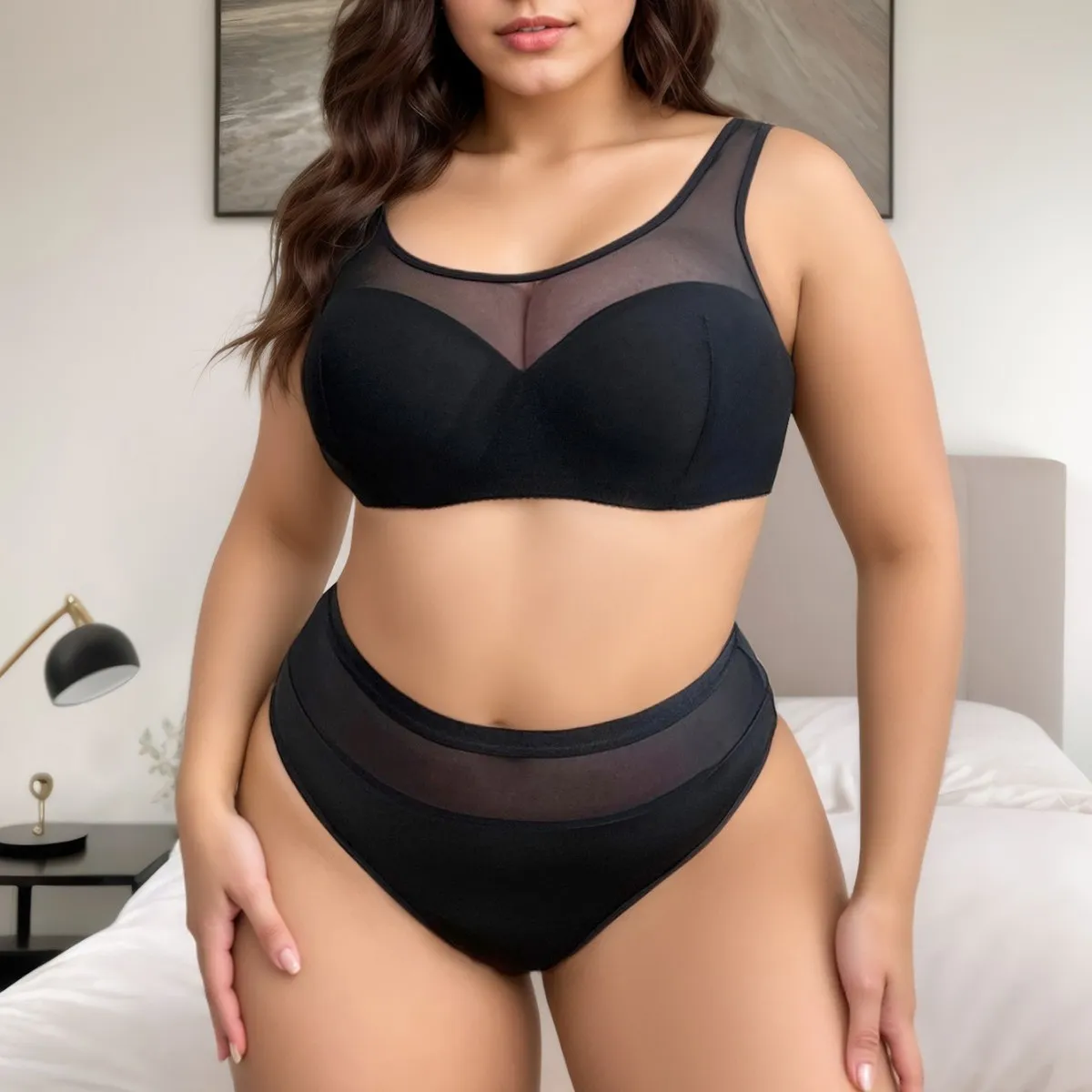 Women Plus Size Solid Color Steel Ring Bra Panties Set