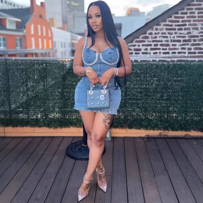 Women'S Rhinestone Spaghetti Strap Slim Fit Mini Bodycon Denim Dress - Street Hipster Style