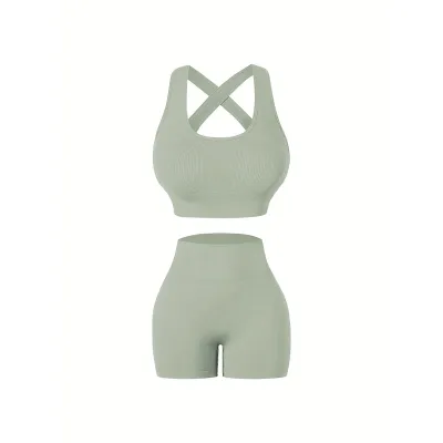 Women Yoga Solid Color Vest And Shorts Two-Piece Set
