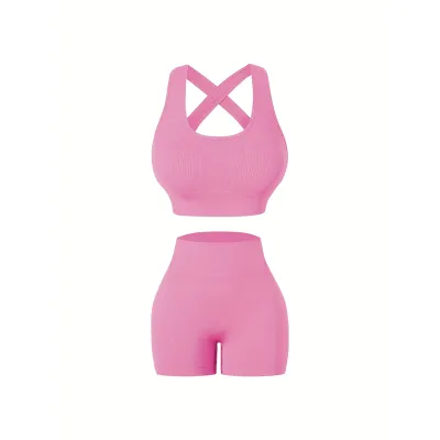 Women Yoga Solid Color Vest And Shorts Two-Piece Set