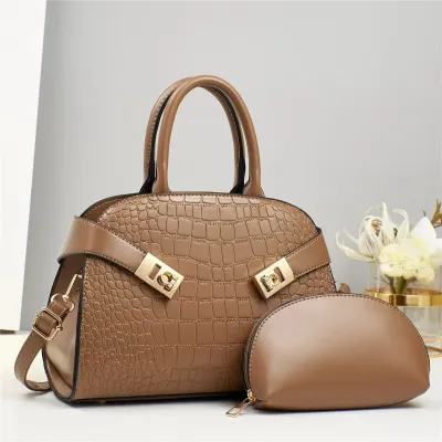 Women Fashion Classic Crocodile Embossed PU Handbag Set with Zipper Closure