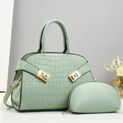 Women Fashion Classic Crocodile Embossed PU Handbag Set with Zipper Closure