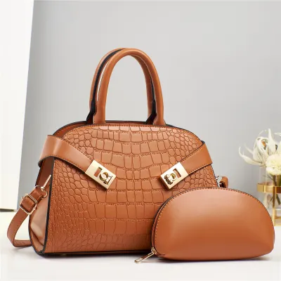 Women Fashion Classic Crocodile Embossed PU Handbag Set with Zipper Closure