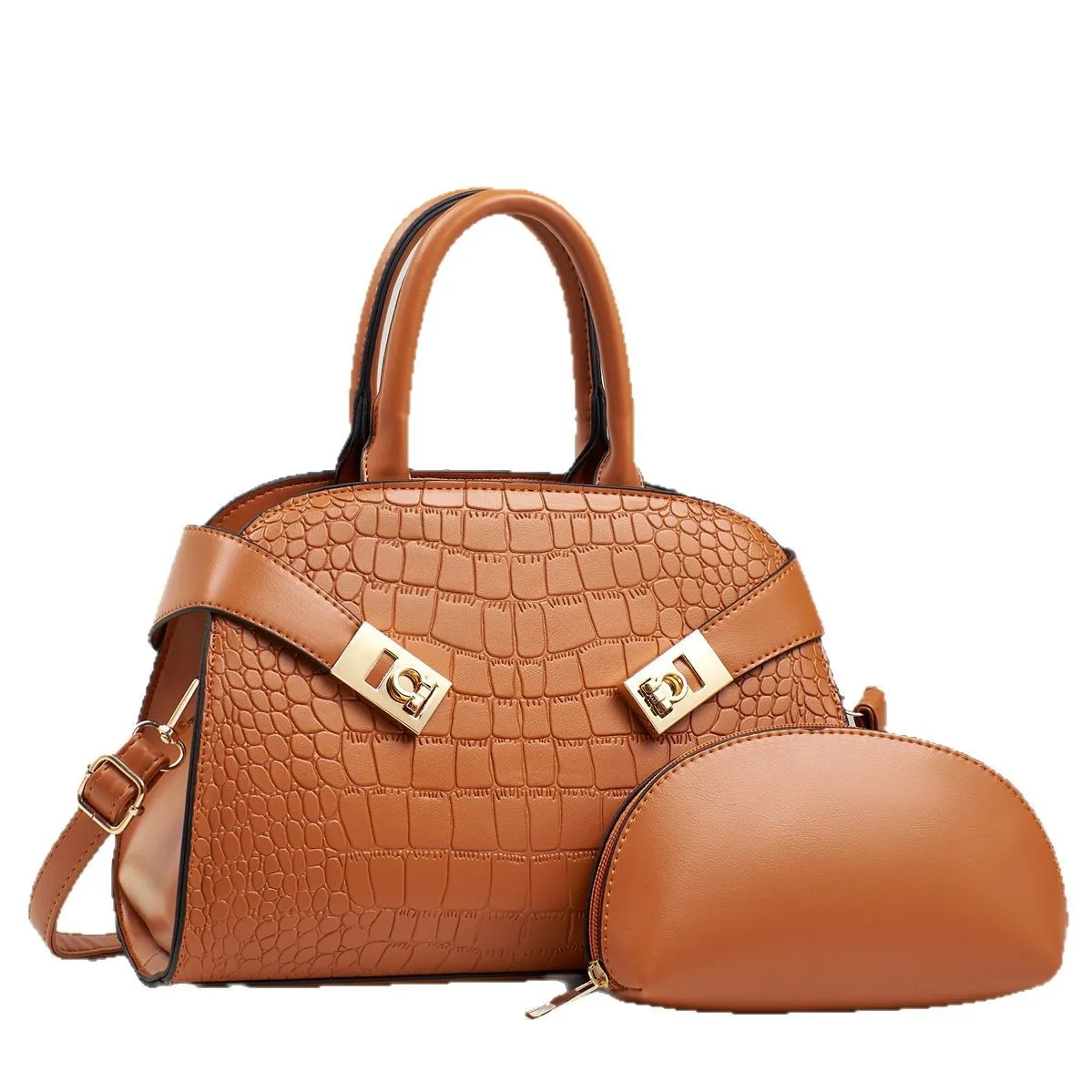 Women Fashion Classic Crocodile Embossed PU Handbag Set with Zipper Closure