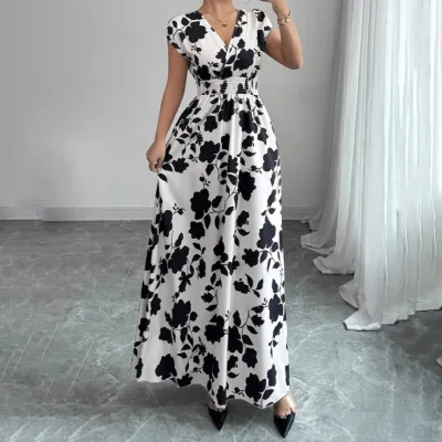 Women Fashion Elegant Floral Printed V-Neck Short-Sleeve Lace-Up Dress