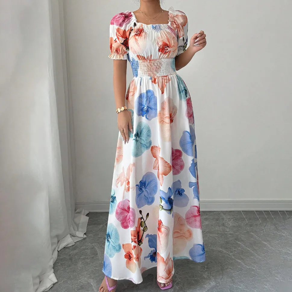 Women Elegant Floral Printed Bubble Sleeve Square Neck Loose Dress