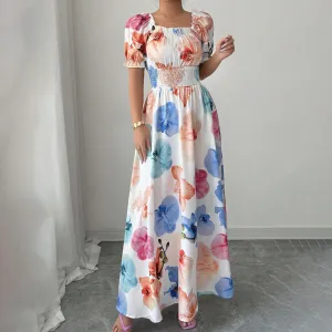 Women Elegant Floral Printed Bubble Sleeve Square Neck Loose Dress