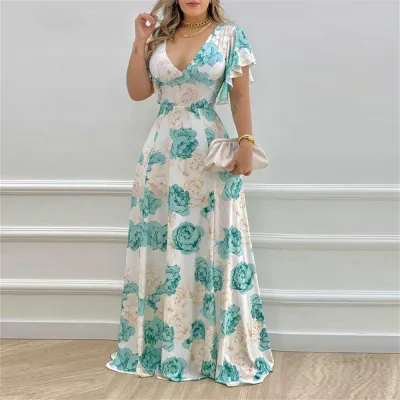 Women Casual Elegant Floral Printed V-Neck Loose Dress