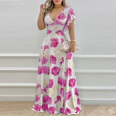 Women Casual Elegant Floral Printed V-Neck Loose Dress