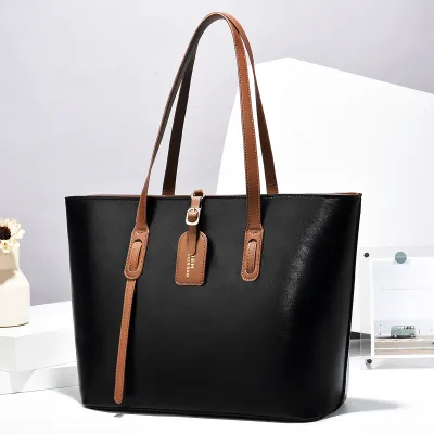 Women Color Blocking PU Leather Tote Shoulder Bag