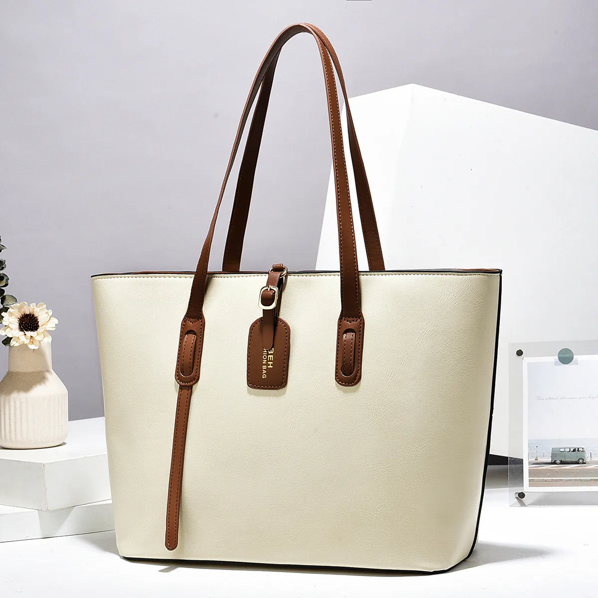 Women Color Blocking PU Leather Tote Shoulder Bag