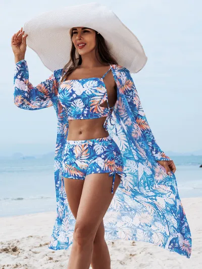 Women Sexy Multicolor Print Swimsuit Three-Piece Set