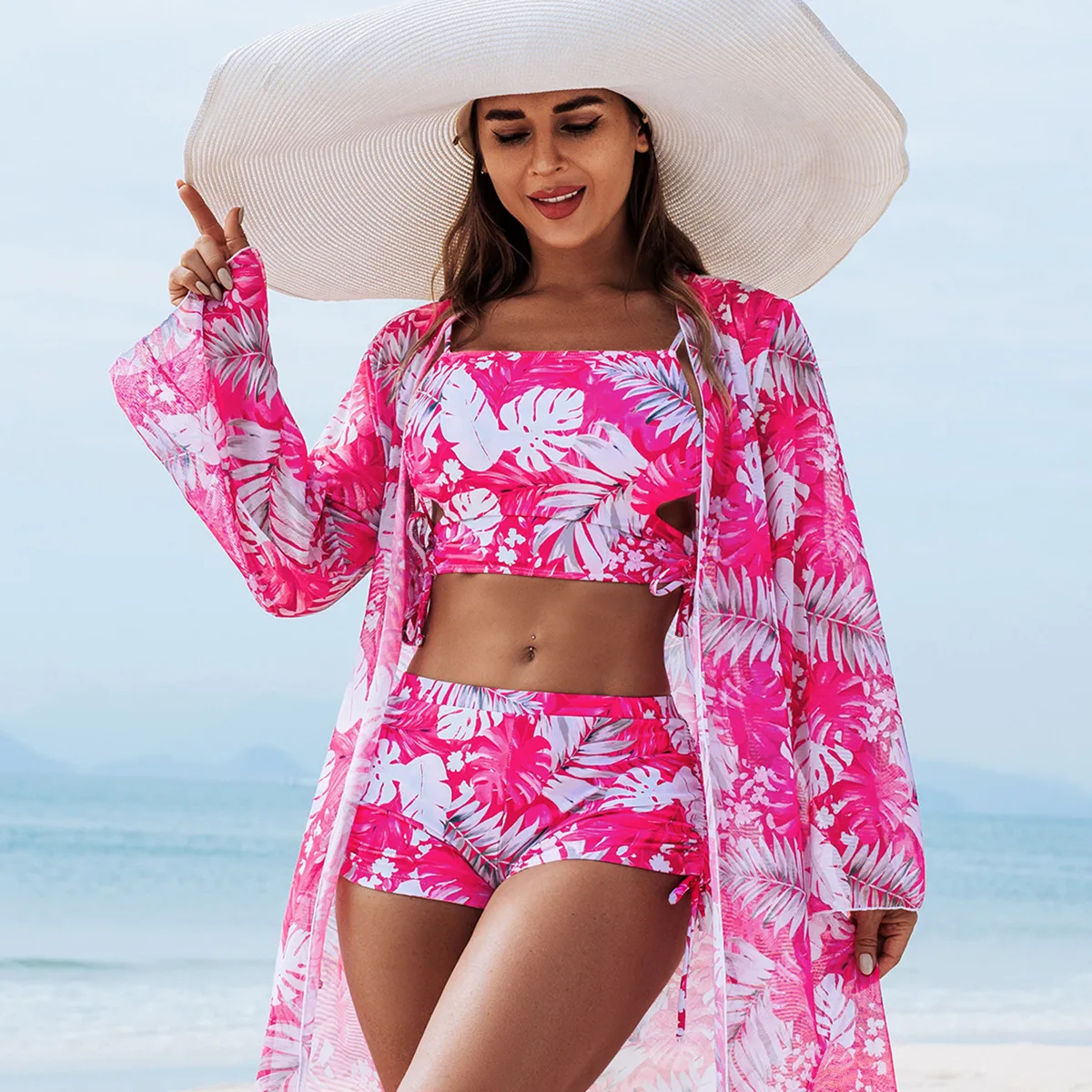 Women Sexy Multicolor Print Swimsuit Three-Piece Set