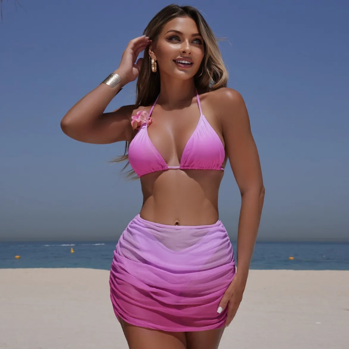 Women Sexy Gradient Print Bikini Three-Piece Set