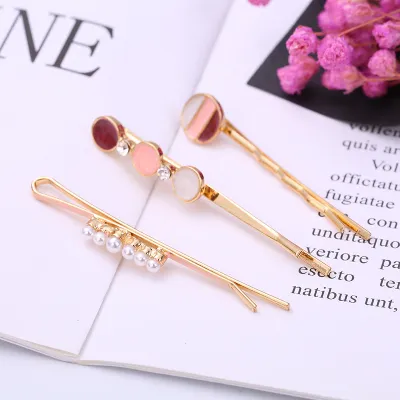 Women Fashion Round Multicolor Beads Rhinestone Hairpin 3-Piece Set