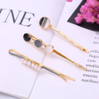 Women Fashion Round Multicolor Beads Rhinestone Hairpin 3-Piece Set