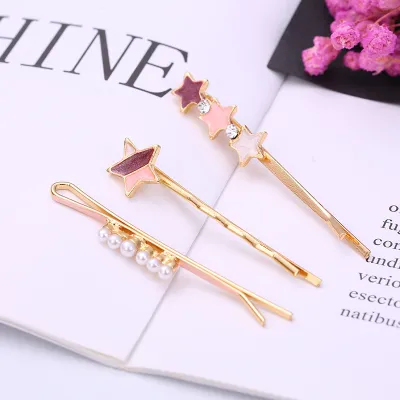 Women Fashion Round Multicolor Beads Rhinestone Hairpin 3-Piece Set