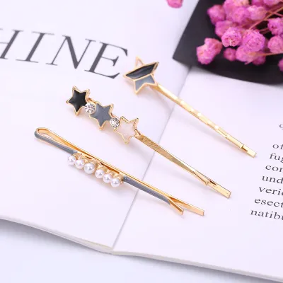 Women Fashion Round Multicolor Beads Rhinestone Hairpin 3-Piece Set