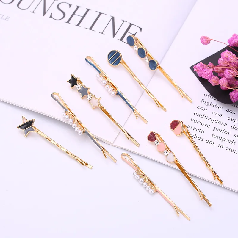 Women Fashion Round Multicolor Beads Rhinestone Hairpin 3-Piece Set