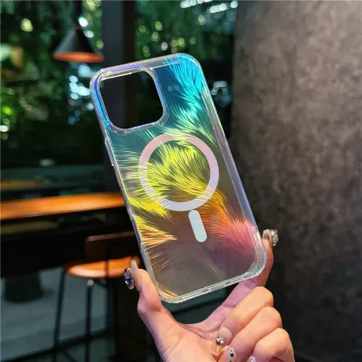 Fashion Gradient Laser Magnetic Iphone Color Plated Feather Transparent Case
