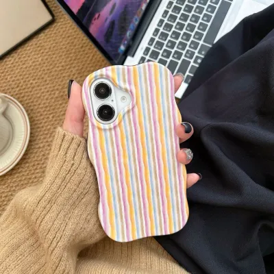 Women Fashion Color Matching Stripe Wavy Edge Two In One Filin iPhone Case
