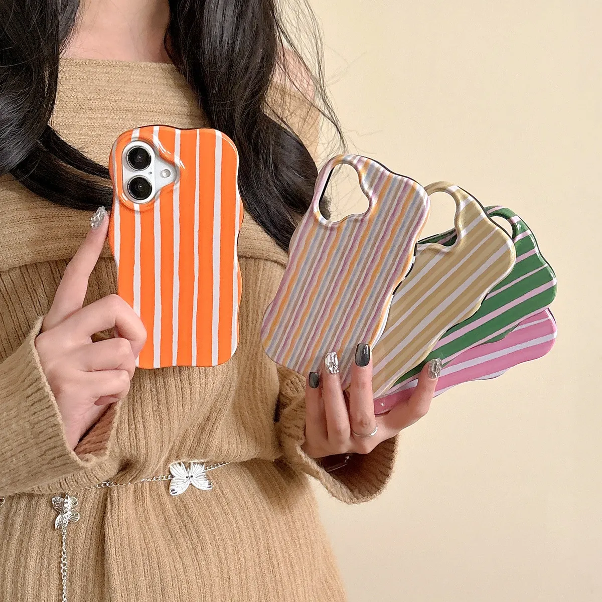 Women Fashion Color Matching Stripe Wavy Edge Two In One Filin iPhone Case