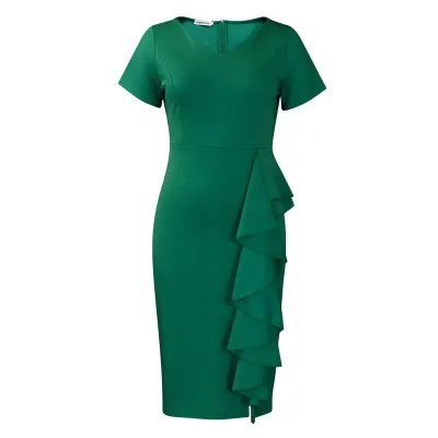Women Elegant Plus Size Ruffled Solid Color Short-Sleeve High Waist Dress