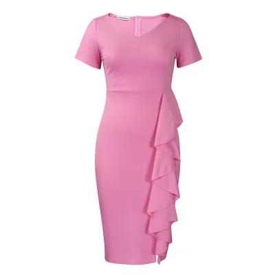 Women Elegant Plus Size Ruffled Solid Color Short-Sleeve High Waist Dress