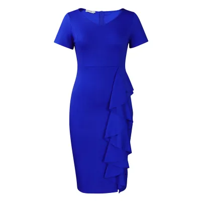 Women Elegant Plus Size Ruffled Solid Color Short-Sleeve High Waist Dress
