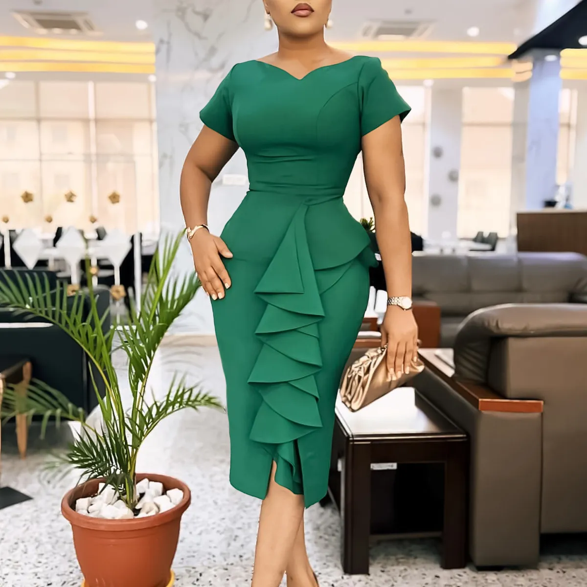 Women Elegant Plus Size Ruffled Solid Color Short-Sleeve High Waist Dress