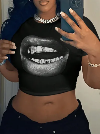 Women Fashion Sexy Printed Short-Sleeve Slim-Fit Crop Top
