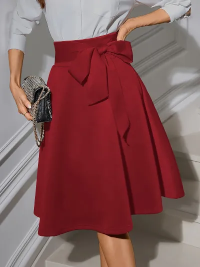 Women Fashion Elegant Solid Color Stretch Knitted High Waist Lace-Up Midi Skirt