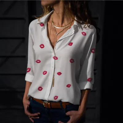 Women Fashion Casual Lips Love Print Lapel Long Sleeve Blouse