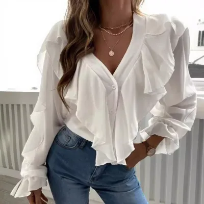 Women Fashion Casual Solid Color V-Neck Ruffled Long Sleeve Blouse