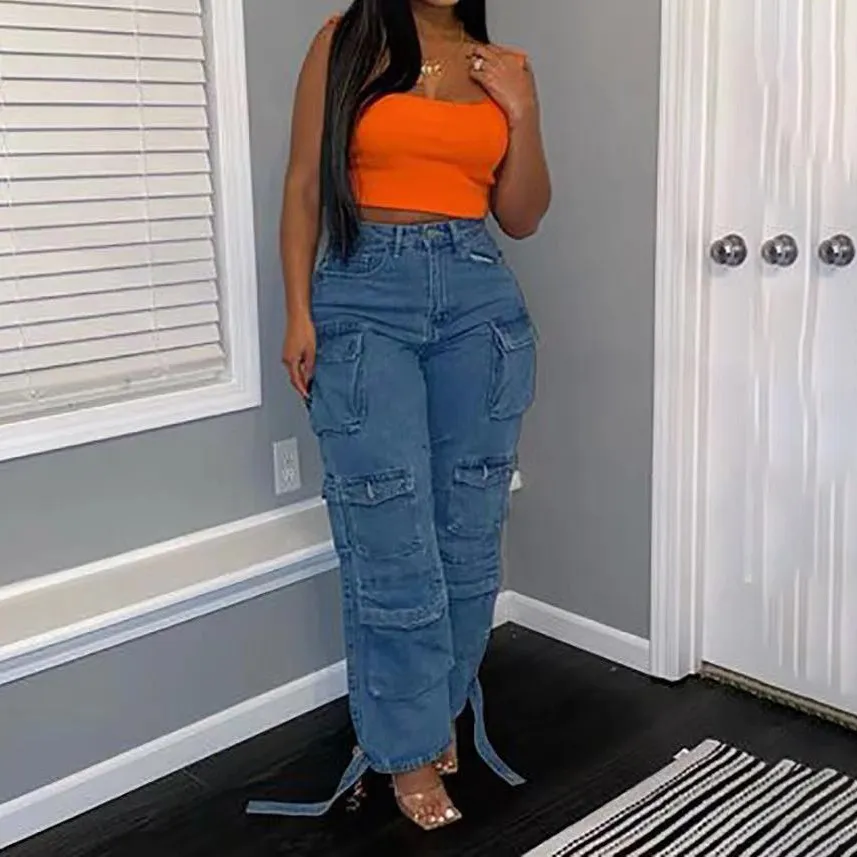 Women Casual Multi-Pocket Jeans High Waist Loose Fit