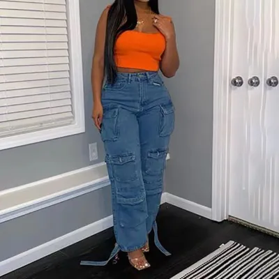 Women Casual Multi-Pocket Jeans High Waist Loose Fit