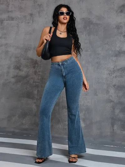 Women Casual Solid Color Stretch High Waist Wide Leg Flared Jeans