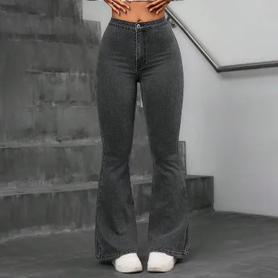 Women Casual Solid Color Stretch High Waist Wide Leg Flared Jeans