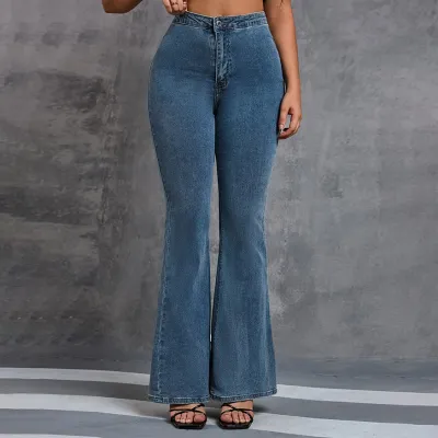 Women Fashion Casual Solid Color Stretch High Waist Wide Leg Flared Jeans