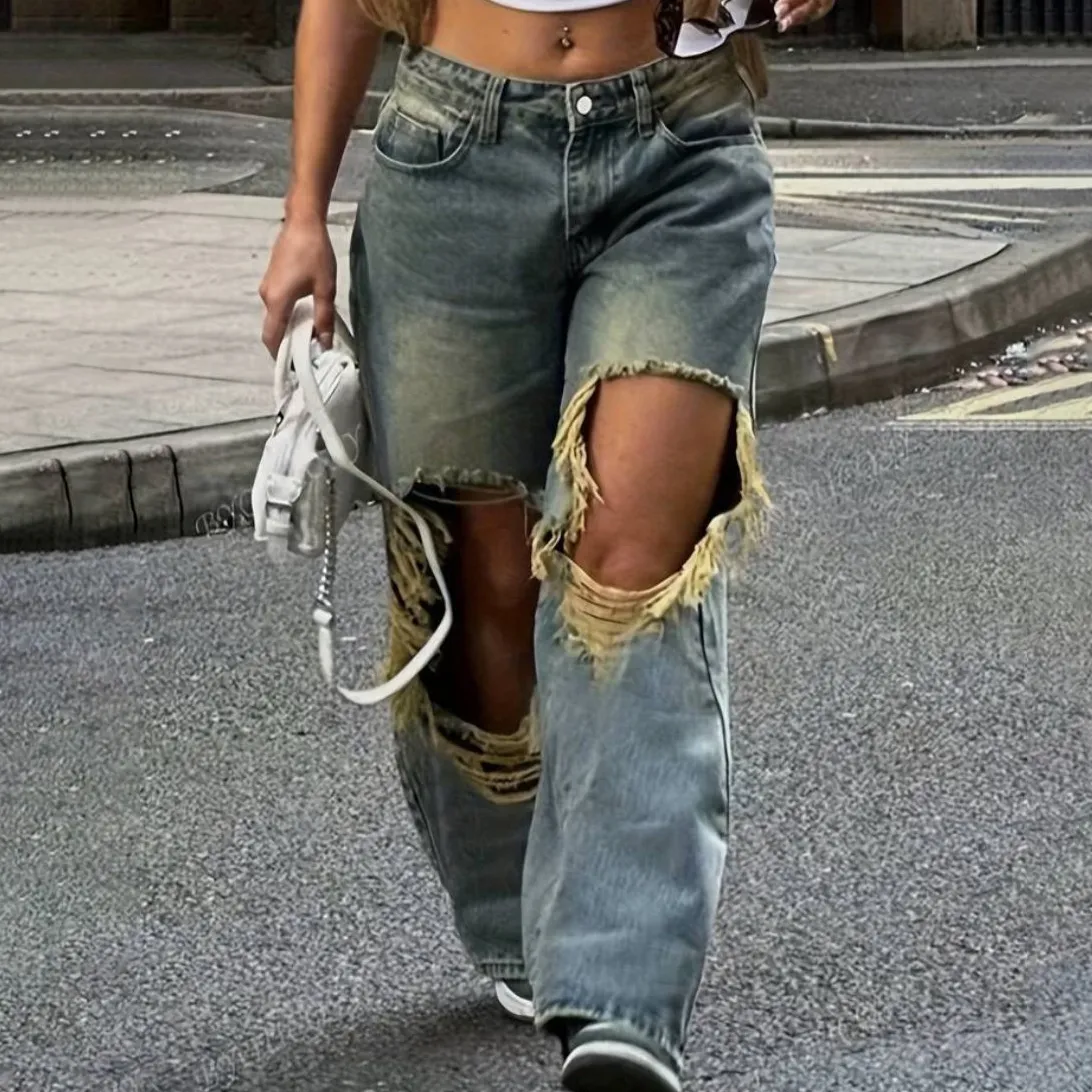 Women Fashion Low Waist Ripped Straight Jeans