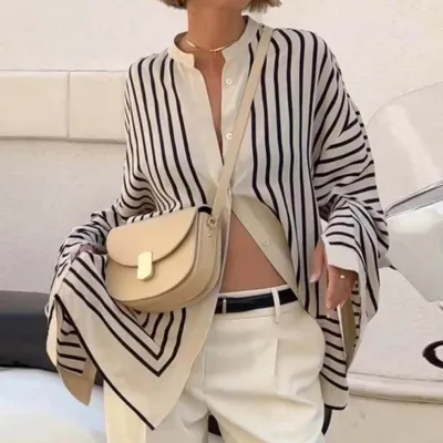 Women Fashion Stripe Print Long Sleeve Shirt