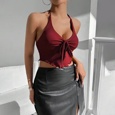 Women Sexy Halter Neck Solid Color Cropped Top
