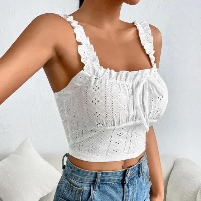 Women's Elegant Lace Cut-Out Cropped Top - Slim Fit Solid Color